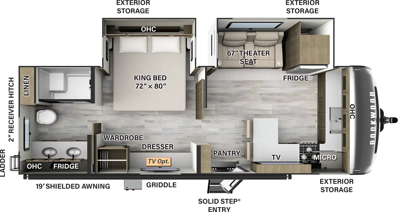 The 8263MBR has two slides outs and one entry. Exterior features a 19 foot shielded awning, solid step entry, exterior storage, griddle, rear ladder, and 2 inch receiver hitch. Interior layout front to back: front kitchen with sink, countertop and overhead cabinets along front wall, door side microwave, cooktop, eat in kitchen with bar stools and TV above, and entry door; off door side slide out contains theater seating and refrigerator; off door side king bed slide out with overhead cabinet, and door side dresser and wardrobe (optional TV); rear full bathroom with linen closet and dual sinks with overhead cabinet.